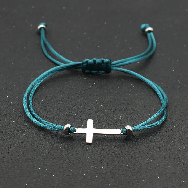 Stainless Steel Cross Charm Bracelet Simple Handmade Adjustable Red String Bracelets for Women Men Couple Lucky Jewelry Gift
