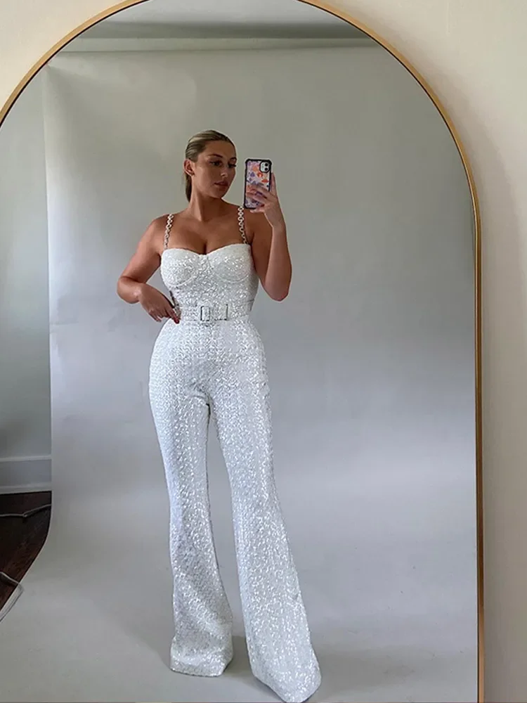 Pailletten Luxe Dames Jumpsuit Metalen Bretels Sexy Mode Riem Tube Tops Slim Feest Jumpsuit 2024 Avond Hoge Taille