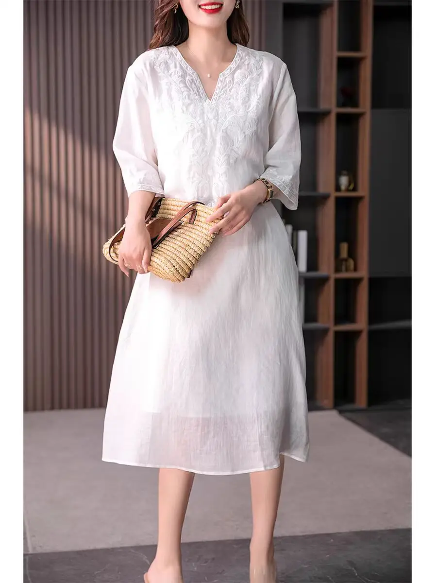 Women Casual Two Pieces Dress 2024 Summer Ramie Cotton Slimming Suspender Embroidery White Loose Long Dress Female Clothes X1169