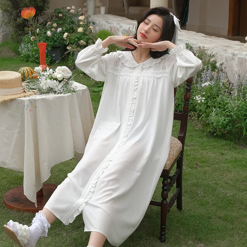 Women Sweet Turn-Down Collar Full Sleeves Nightdress 100% Cotton Casual Cardigan Long Mid-Calf Nightdress Loose Design Homedress