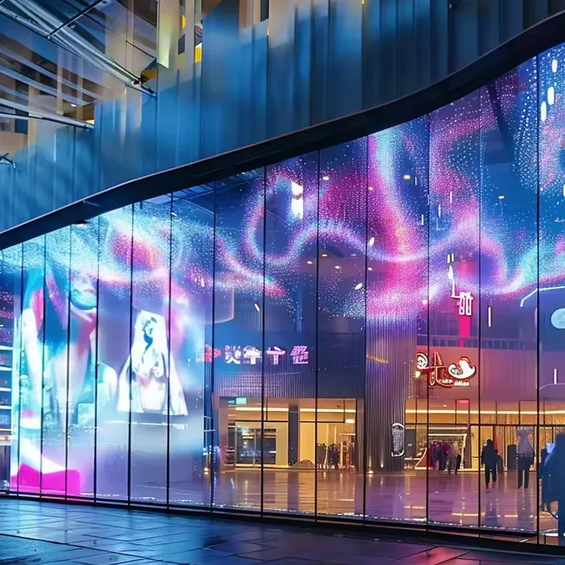 Transparent Advertising Led Video Wall Panel Roll up Crystal Rgb Flexible Mesh Glass Sticker Screen Luxury Thin Film LED