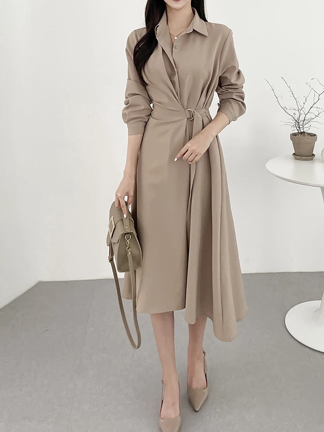Fall Faion Long irt Dr Women's Single Button Waist Cinched Asymmetrical Design Korean Sle Ci Commute Dr