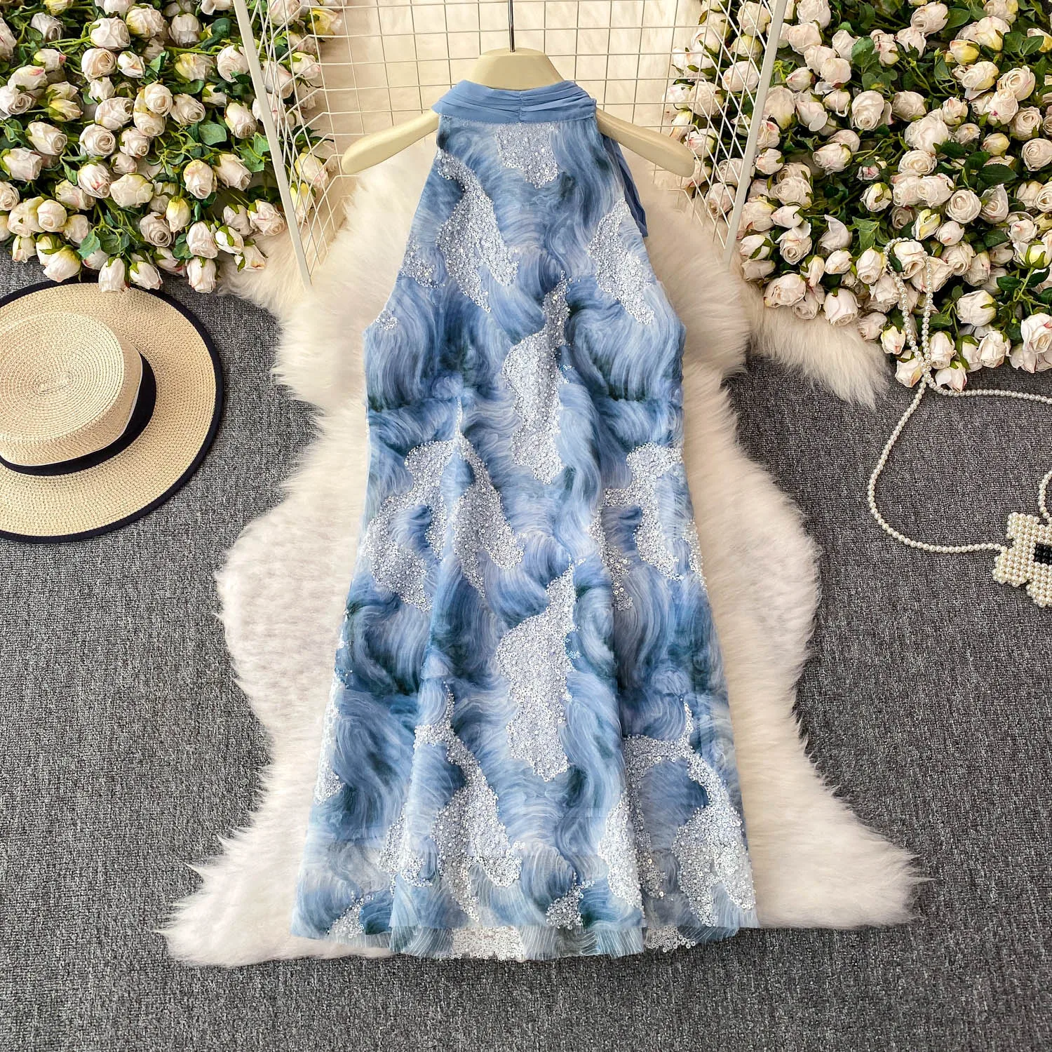 Vestido elegante vintage con cordones y lentejuelas, minivestido elegante de hada coreana, vestido veraniego bohemio para playa, ropa para mujer