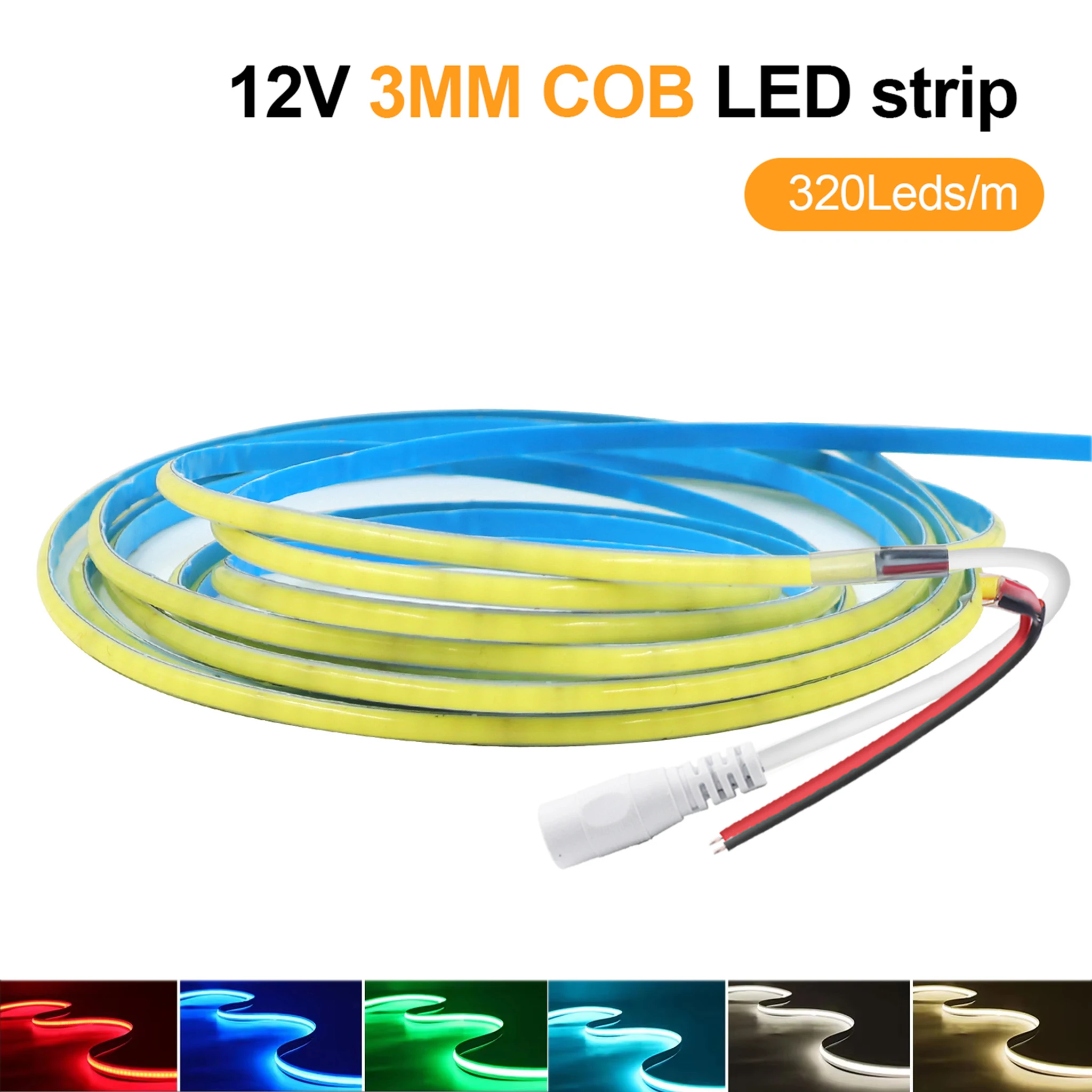 

3mm Ultra Thin 12V COB LED Strip High Density 320LEDs/m Colorful Flexible Tape Warm White Red Green Blue Pink for Car Home Decor