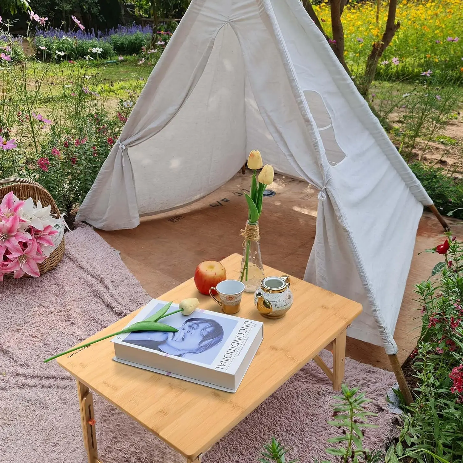 Adjustable Folding Floor Desk with Large Tray for Laptop, Coffee Table, and Gaming, 33.5x17.7 Inches