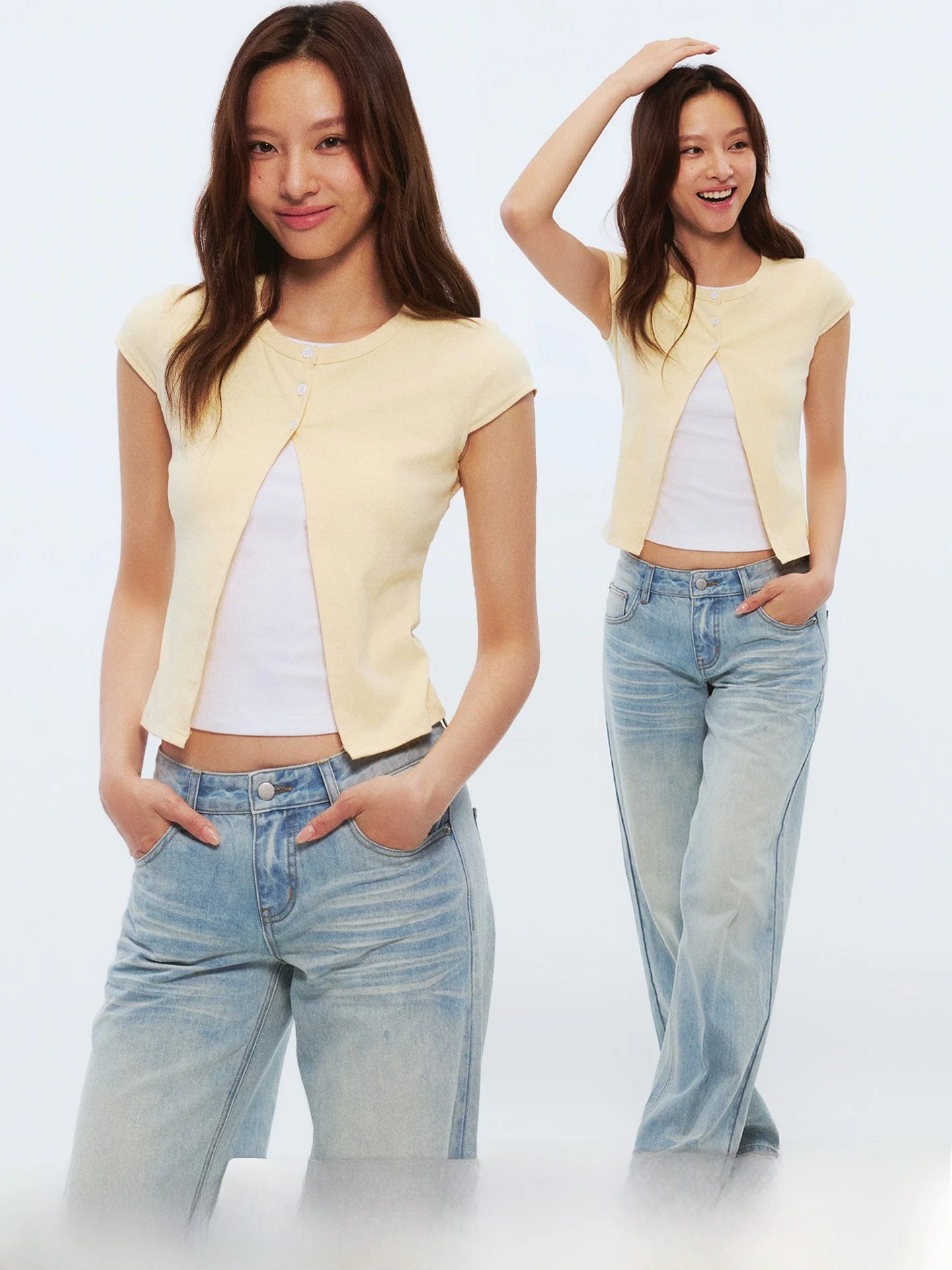Heyabc Korean Style round Neck Color Block Short Sleeve T-Shirt Women Summer Versatile Button Split Design Top Fashion Trend ...