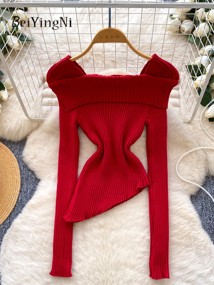 

Beiyingni 2026 New Year Sweaters for Women Sexy Off Shoulder Slash Neck Long Sleeve Knit Top Ladies Split Chic Elegant Pullovers