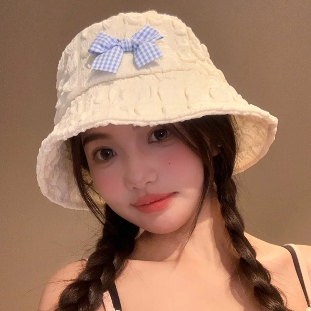 

Ins Bow Bucket Caps Lightweight Stylish Seersucker Caps Casual Sweet Sunscreen Hat Girls