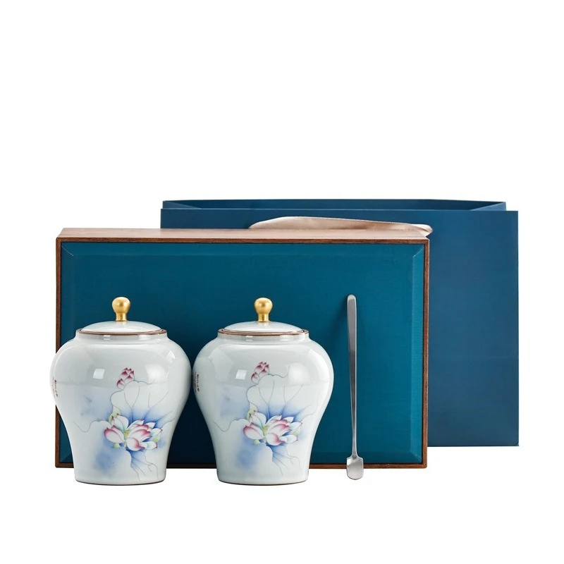 

Tea leaves, large half a catty household ceramic tea cans, double cans