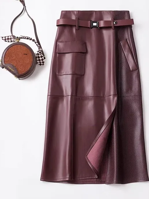 

Кожаная юбка с высокой талией, женская юбка средней длины из овчины с запахом, модная юбка для поездок на работу, готовая застежка-молния