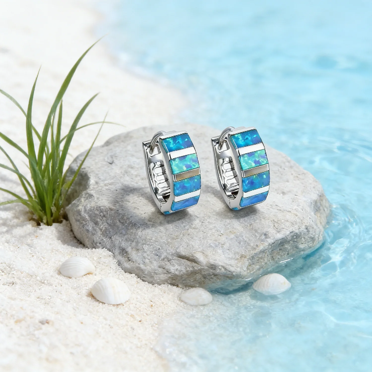 New Blue Opal Stripe Earrings Unique Design Round Minimalist Fashion Jewelry for Women  Perfect for Anniversary and Couple Gifts