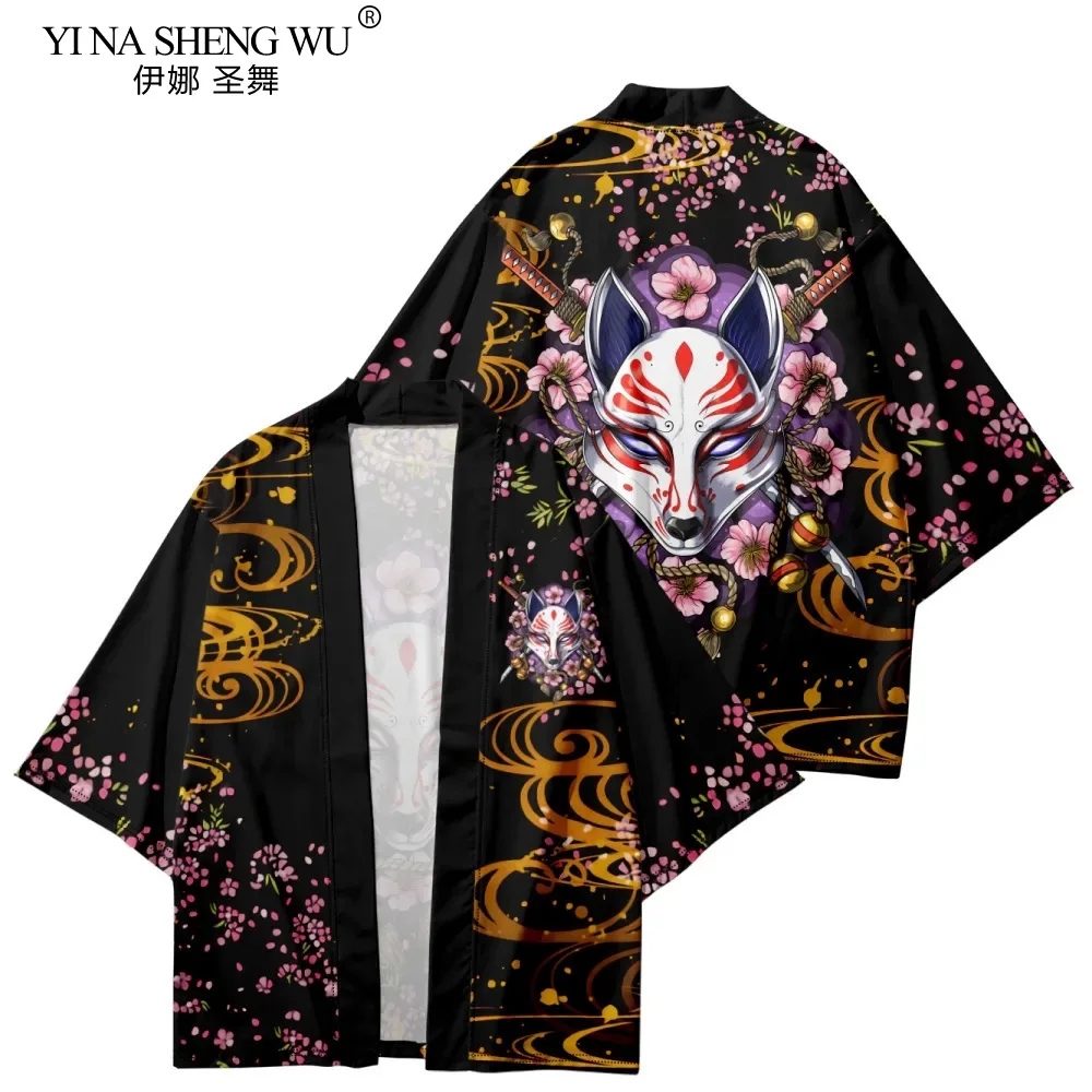 Men Kimono Japanese Traditional Costumes Fashion Kimono Haori Fox Cardigan Jacket Beach Wear Cloak Samurai Shirt Coats Oversized