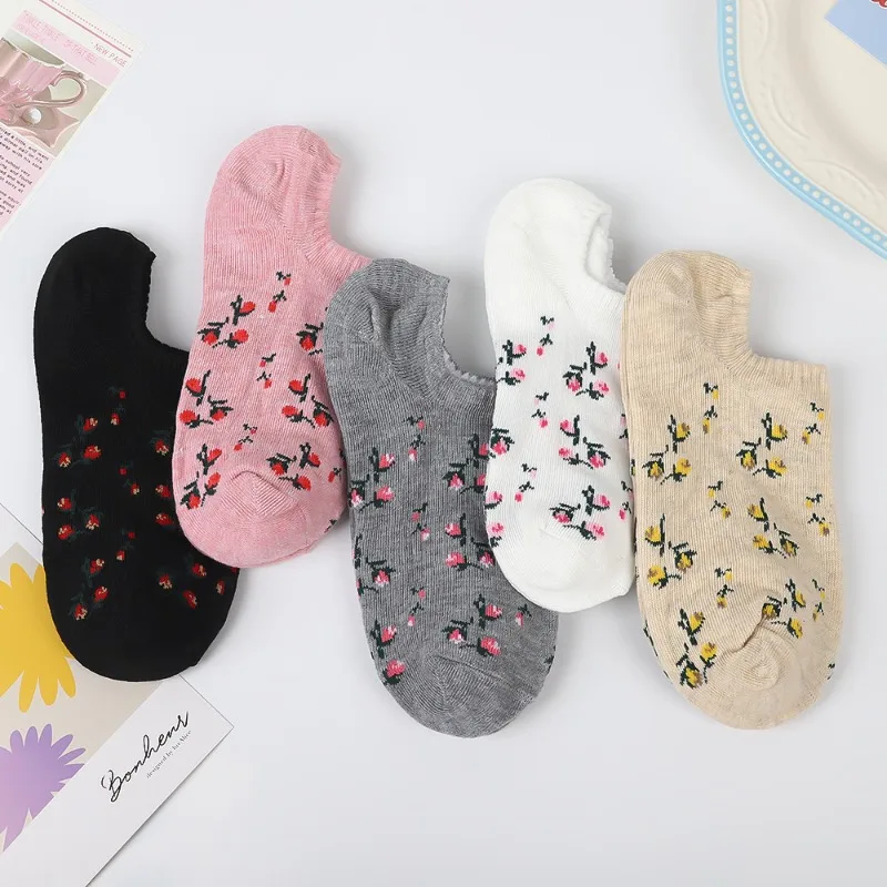 1/5 pairs Women's summer thin lightweight floral short socks casual comfortable shallow mouth boat socks fashion women's socks