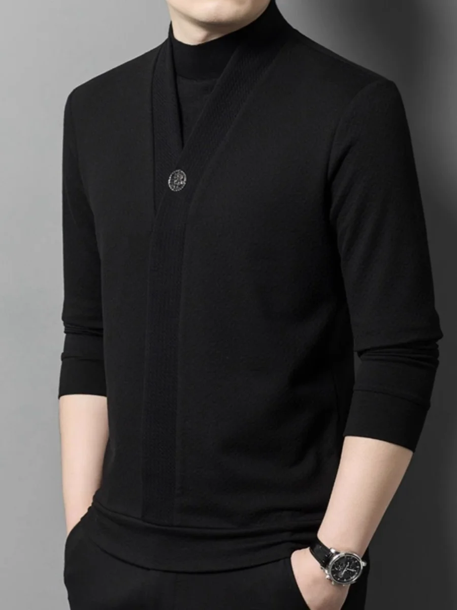 Faionable Maglia lunga Sve T-shirt da uomo f Collo alto V-Ne Slim Fit Strato base irt Trendy Autunno Inverno Due pezzi...