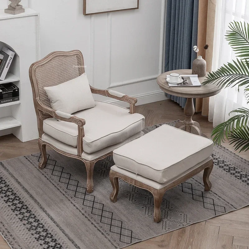

Designer Living Room Furniture American Rattan Living Room Chairs Home Fabric Backrest Chair Leisure Outdoor Courtyard Armchair