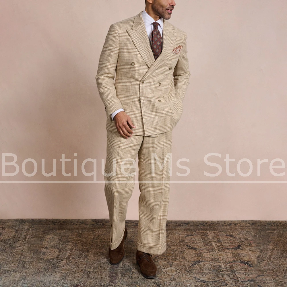 

Men's Plaid Suit 2 Piece Double Breasted Vintage Outfit Slim Fit Formal Business Wedding Party Prom High Quality Tailored Tuxedo