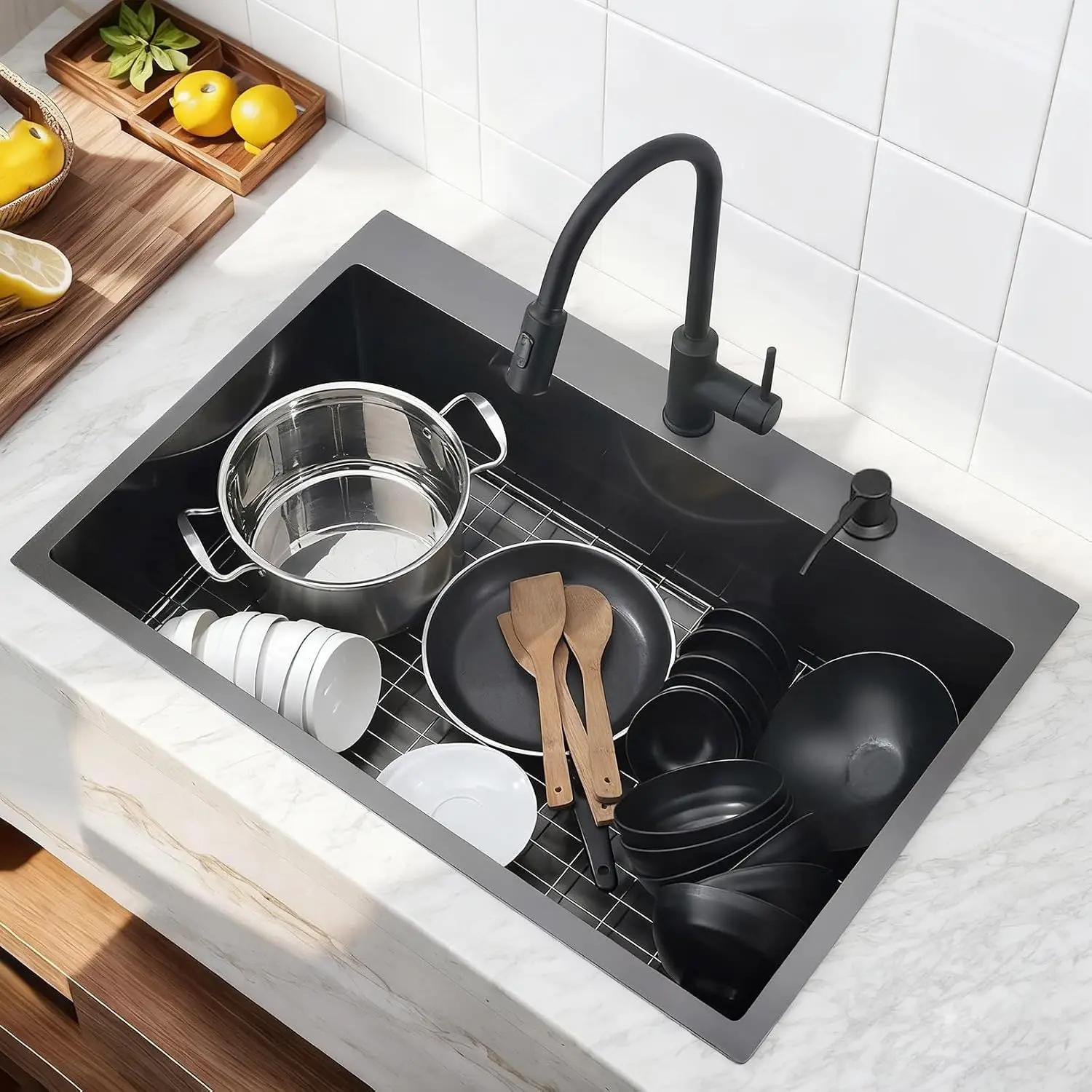 33x22 Inch Black Drop In Kitchen Sink - 33 Inch Top Mount Single Bowl 9 Inch Deep Handmade Workstation Sink in Gunmetal Stainles