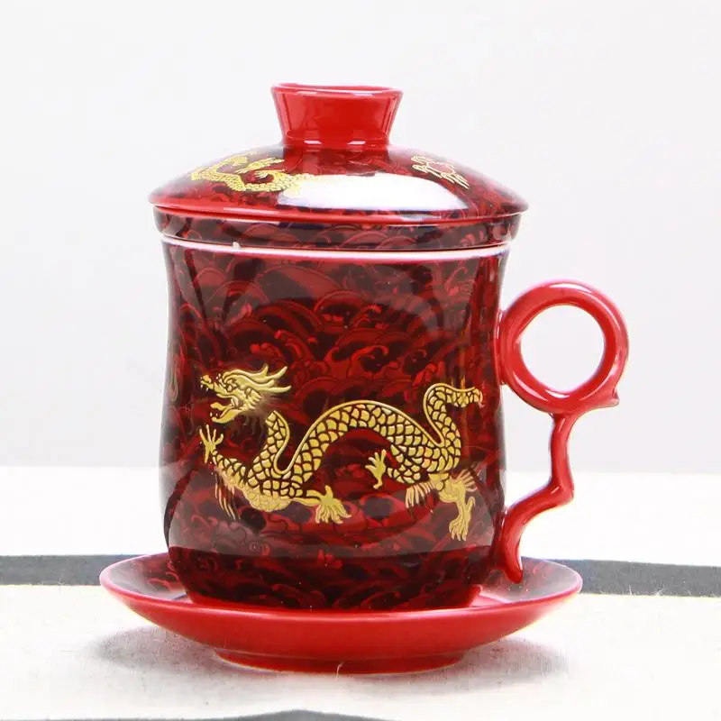 Juego de té de cerámica Retro, taza de agua de porcelana azul y blanca, juego de 4 piezas con tapas y filtros, tazas de té para reuniones de oficina