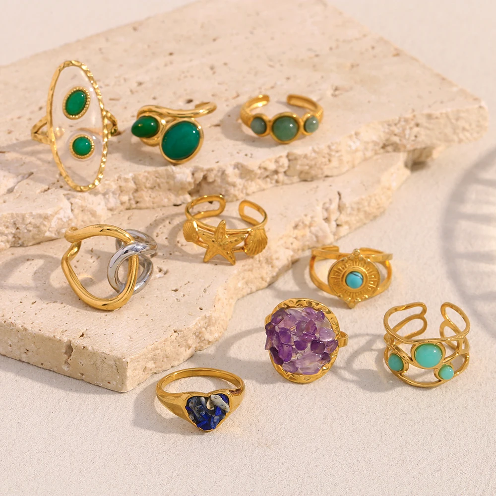 E.B.belle جديد الفولاذ المقاوم للصدأ نجم البحر القلب الأخضر اللون جولة الحجر الطبيعي الكفة الدائري PVD مطلي خمر نمط فنجر مجوهرات #4