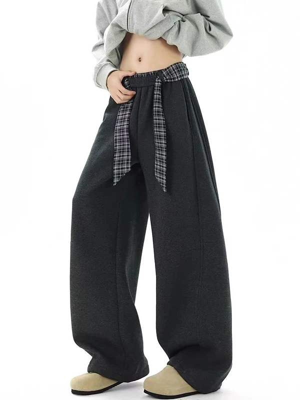 

plus Size High Waist Wide Leg Pants Autumn Winter Casual Comfortable Men Women Trousers Plaid Pattern Easy Care Ladies Jeans