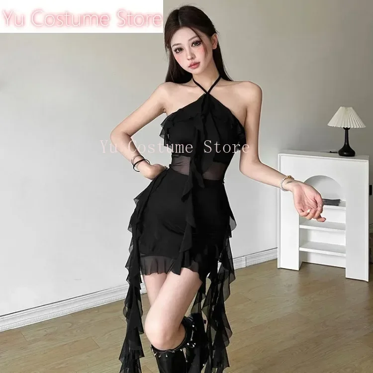 

Yu StoreSexy Ruffles Tassel Halter Dress for Women Y2k See Through Mesh Dresses Summer New Irregular Slim Fit Vestidos Mujer