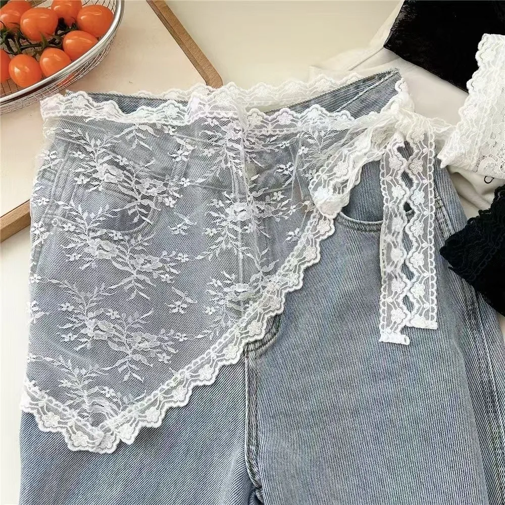 Harajuku Y2K Triangle Apron Embroidery Flower Waist Scarf Korean Style Lace-up Outwear Mini Skirt Streetwear