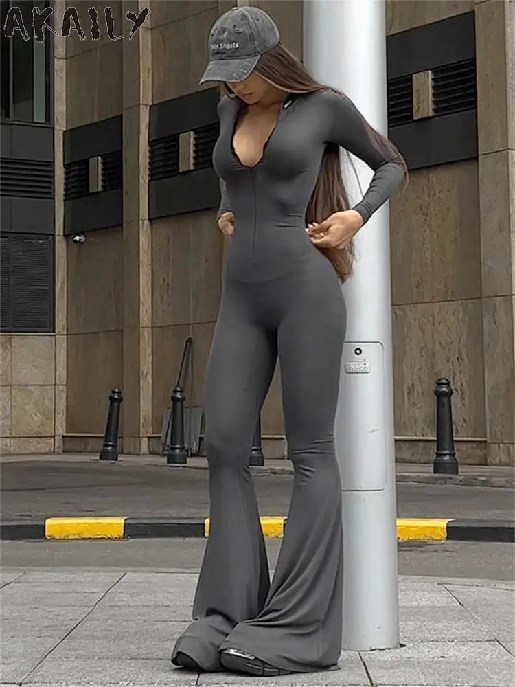 

Akaily Fall Darkgray Long Sleeve Bodycon Jumpsuit Street Outfits For Women 2023 O Neck Zipper Flared Jumpsuits Causal Activewear