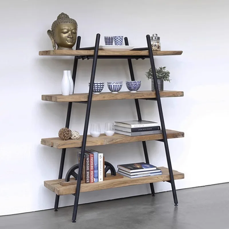 Log bookshelf Wrought iron shelf Floor to ceiling against the wall Simple solid wood living room Multi-layer one-word board
