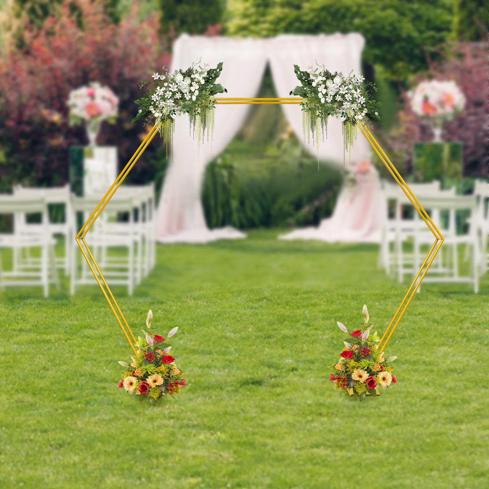 

Gold Wedding Arch Flower Stand Hexagon Balloon Background Party Decoration 86.61inch