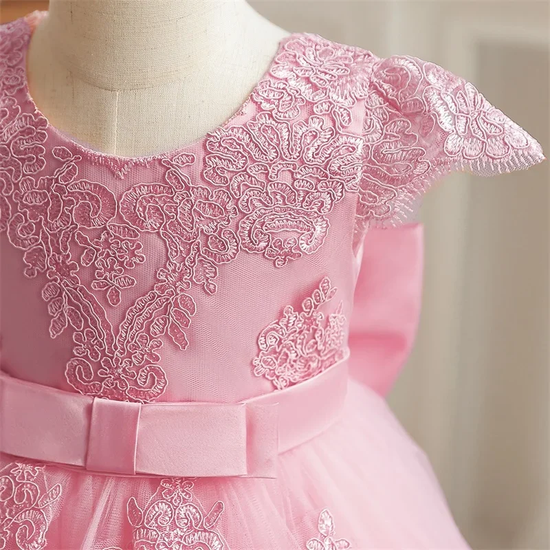 Baby Girls Pink Princess Dress for 1st Birthday Party Backless Embroidery Big Bow Wedding Tutu Gown Girls Baptism Formal Costume