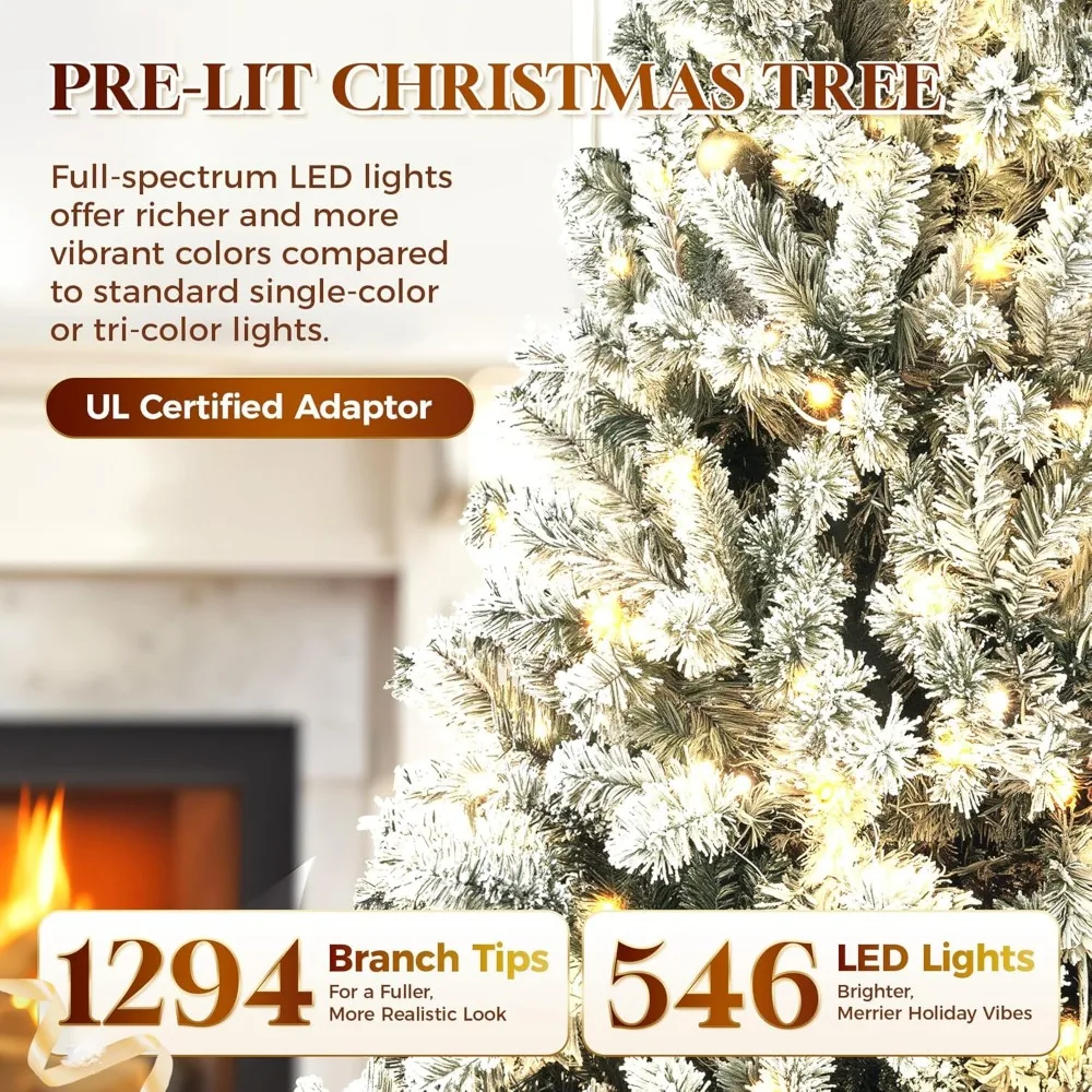 Star 9 Foot Flocked Pre-lit Christmas Tree with 546 LED Lights, App-Controlled Skinny Pencil Artificial Christmas Tree, Multi-Co