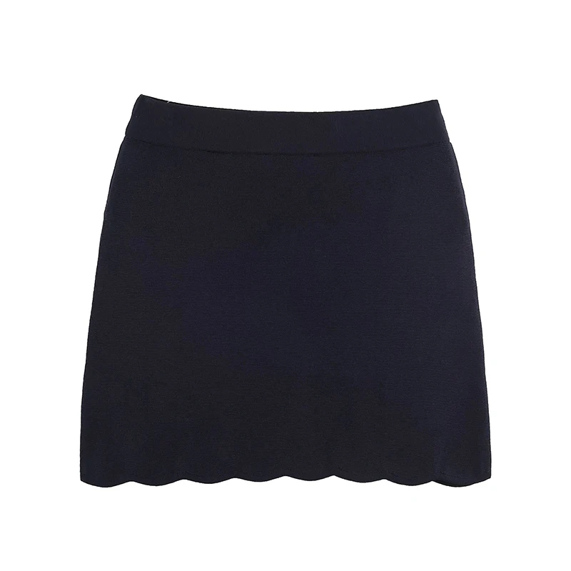 YENKYE Women Navy Blue Knit Mini Skirt Elastic Waist Scalloped Hem Casual Bodycon Short Bottom