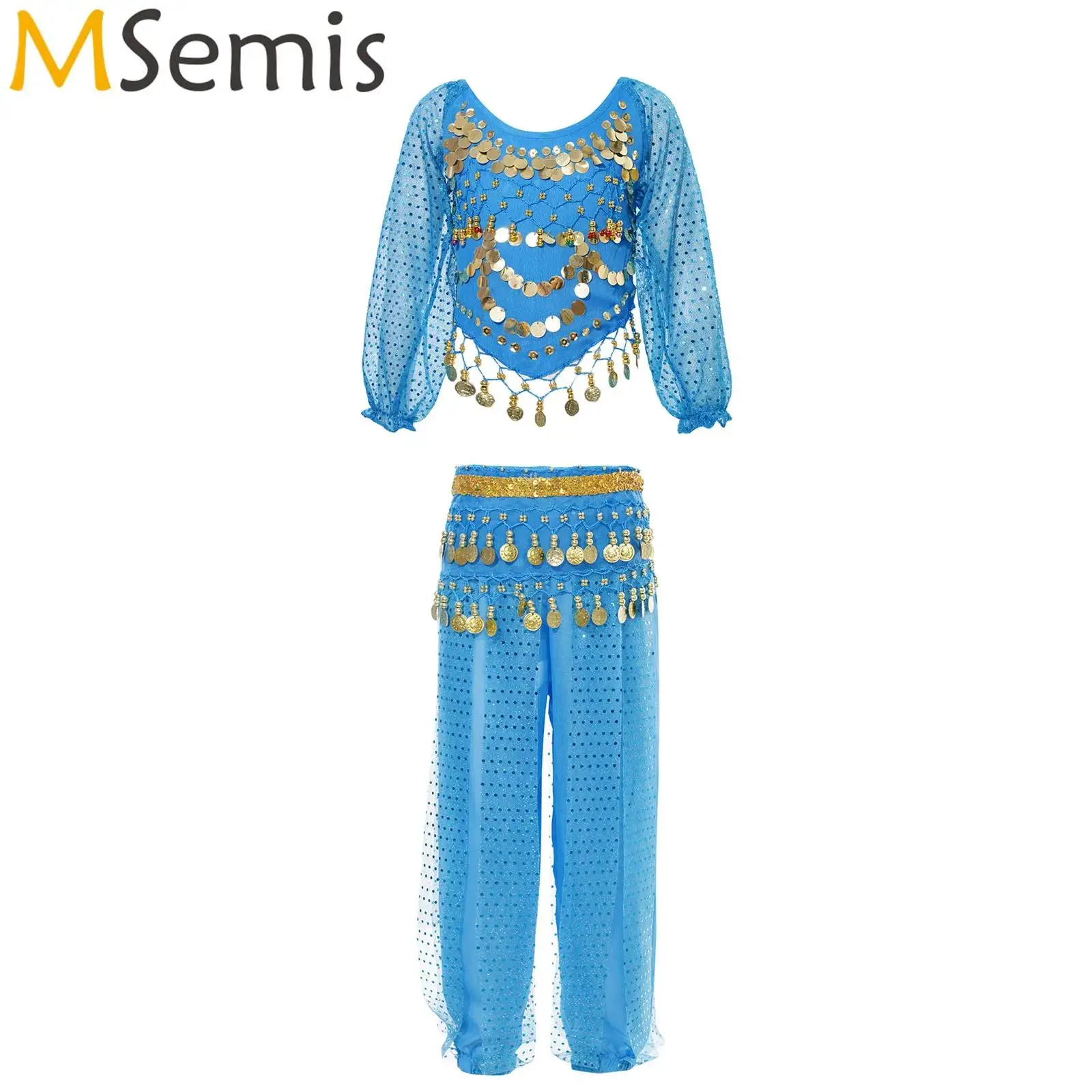 Children Girls Belly Dance Costume 2PCS Sequin Long Sleeve Crop Top Pants with Tassels Waist Chain Hip Scarf Bellydance Outfit