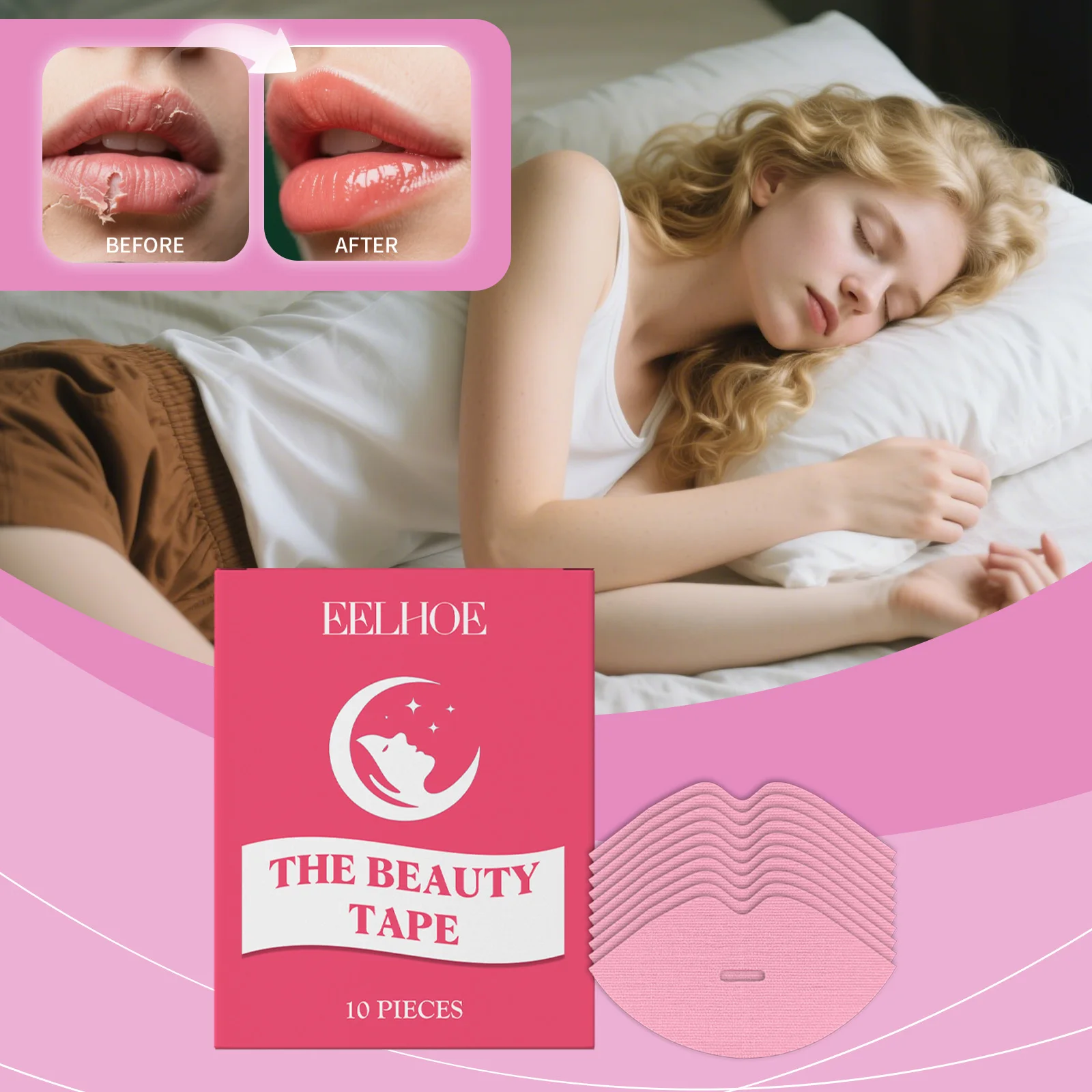 립 마스크 패치 핑크 10개, 보습 립 케어, 매끄러운 입술을 위한 나이트 트리트먼트