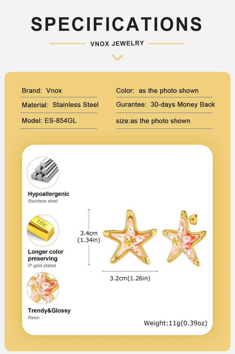 Vnox Bohemia Blau-Rosa Harz-Muschel-Seestern Offenes Armband Halskette Ohrringe Vergoldet Hypoallergen Wasserdichter Strand-Schmuck – Detail 16
