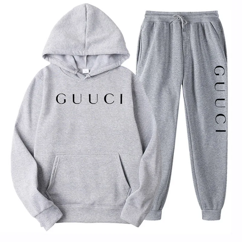 Fashion Suit Men\'s Hoodie Solid Color Printing Sweater Set Leisure Hooded Jogging Hoodies+Sweatpants 2 Piece Outfit Tracksuit