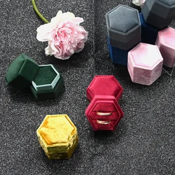 Velvet Ring Box Double Slots Hexagon Jewelry Ring Case Boxes With Detachable Lid For Proposal Engagement Wedding Ceremony Gift