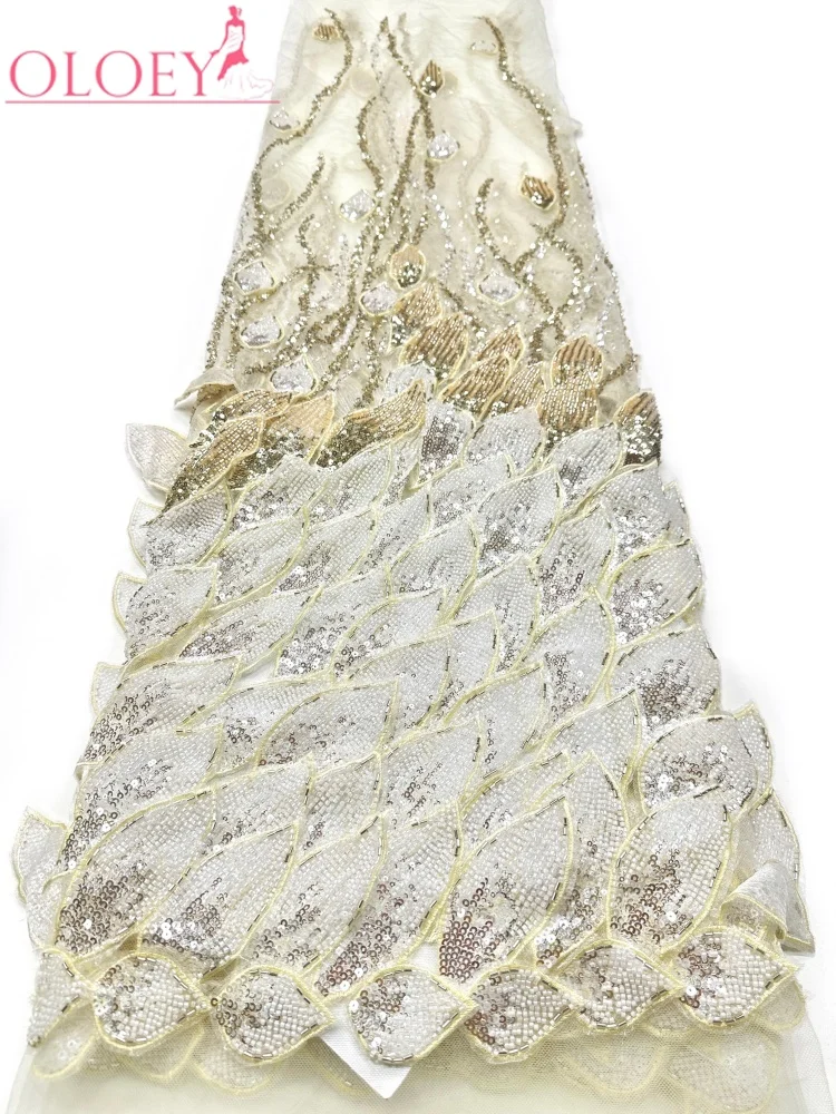 OLOEY  High-End Custom 3D Handmade Embroidery Beaded Leaf Lace Fabric High Quality Nigerian Beaded Sequins Lace Sewing Bridal Dr