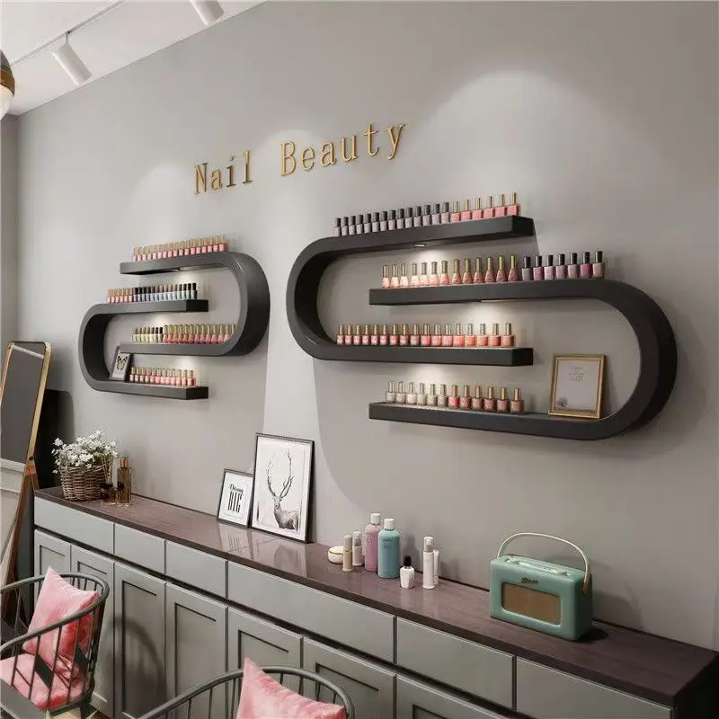 

##Gold White Black Iron Nail Polish Display Rack Commercial Furniture Wall Hanging Storage Shelf for Nail Salon Apartment Bedroo