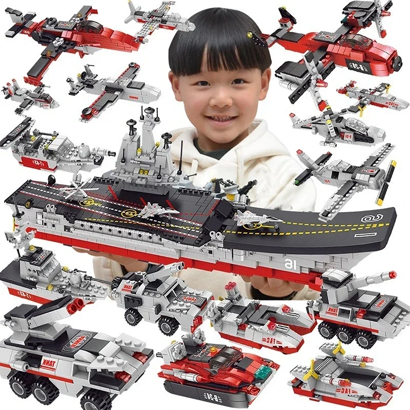 Aircraft Carrier Building Blocks Military Battleship Building Toy with Army Car, Helicopter, Airplane, Warship Toys for Boy