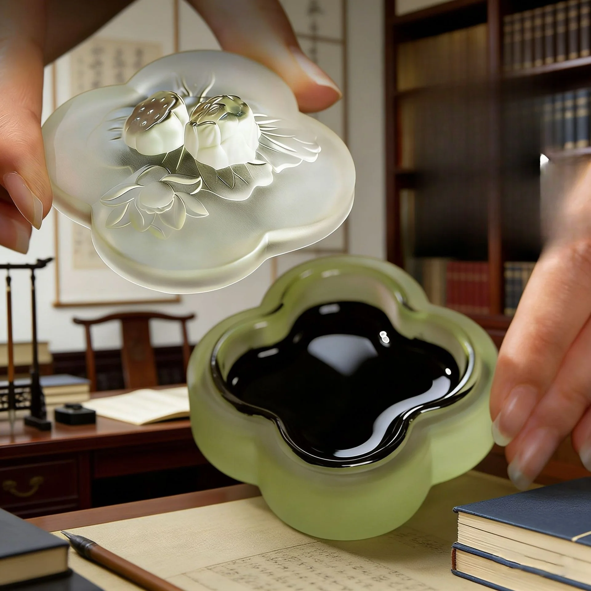 New Chinese Lotus Ink Box with Lid Non Drying Ink Paste Box High Gloss Colored Glass Lotus Brush Rest for Study Calligraphy