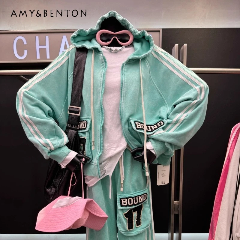 

Heavy Embroidery Patchwork Hooded Sweatshirt Jacket Ladies Loose Casual Wide-Leg Pants 2-Piece Set 2025 Autumn New Top Sudaderas