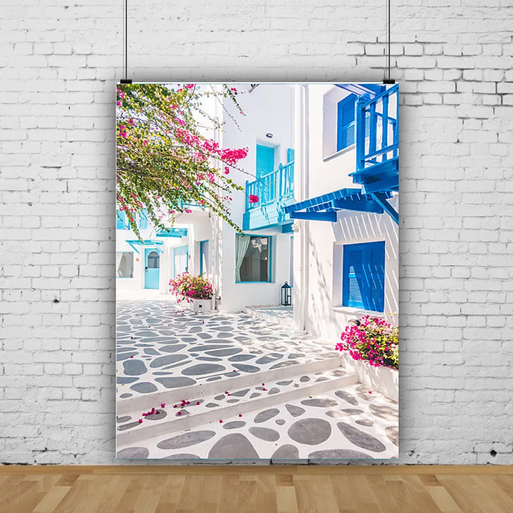 

Santorini Greek Aegean Sea Holiday Party Decoration Bay Town Architecture Flowers Stairs Photography Background XC-05