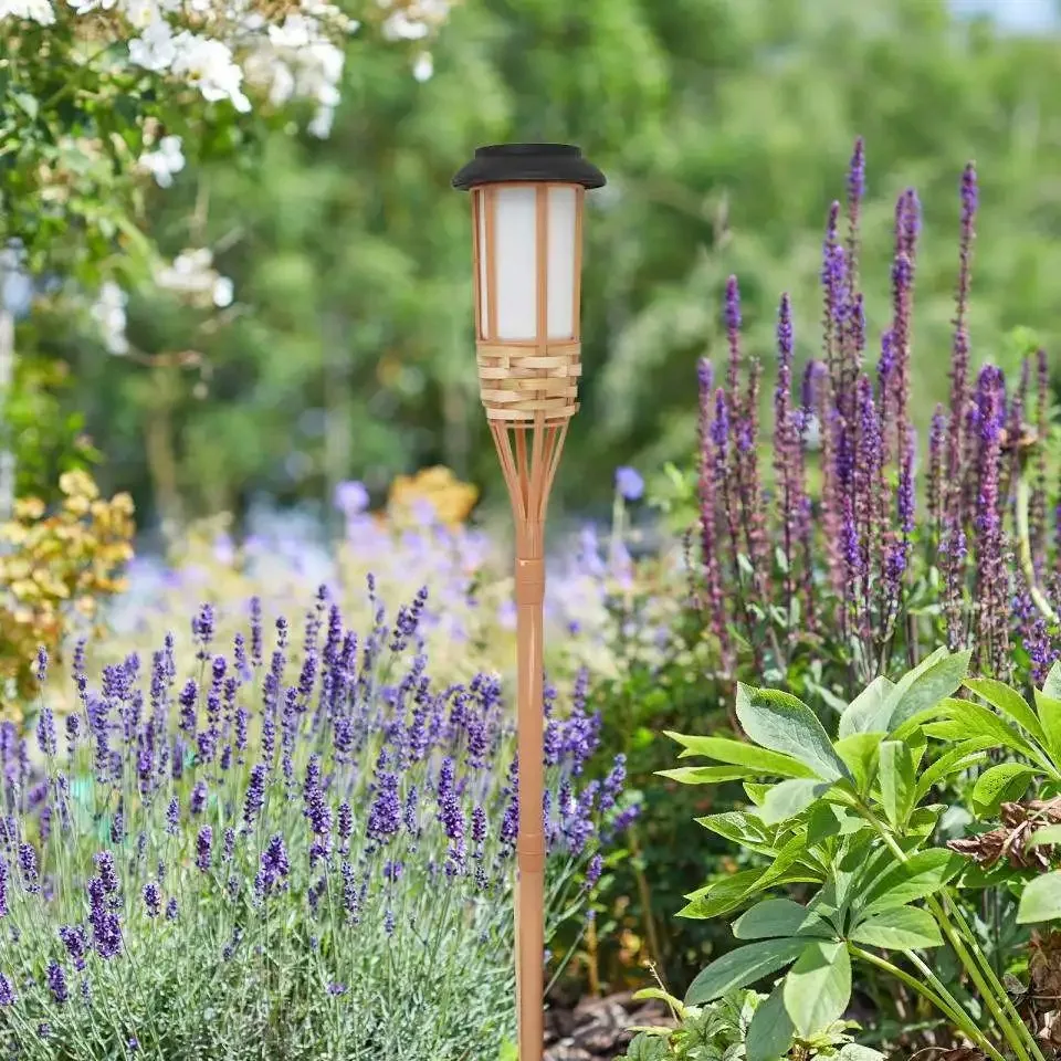 LED Solar Bamboo Garden Torch, Warm Flickering Flame Effect Stake Light for Outdoor Lawn Path Yard Decoration Lighting