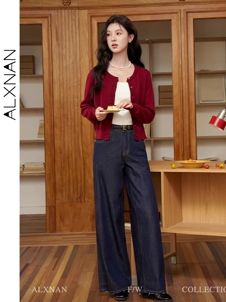 ALXNAN Women\'s Jeans Dark Blue Vintage Wide-leg High-waist Buggy Denim Pants 2026 Cotton Elegant Straight Trousers L39858 L62008