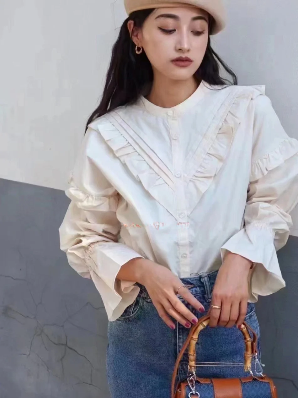 

Casual Pure Color Petal Sleeve Blouse Women's Shirt round Neck Button up Long Sleeve Slim Fit Cotton Polyester Spring Autumn