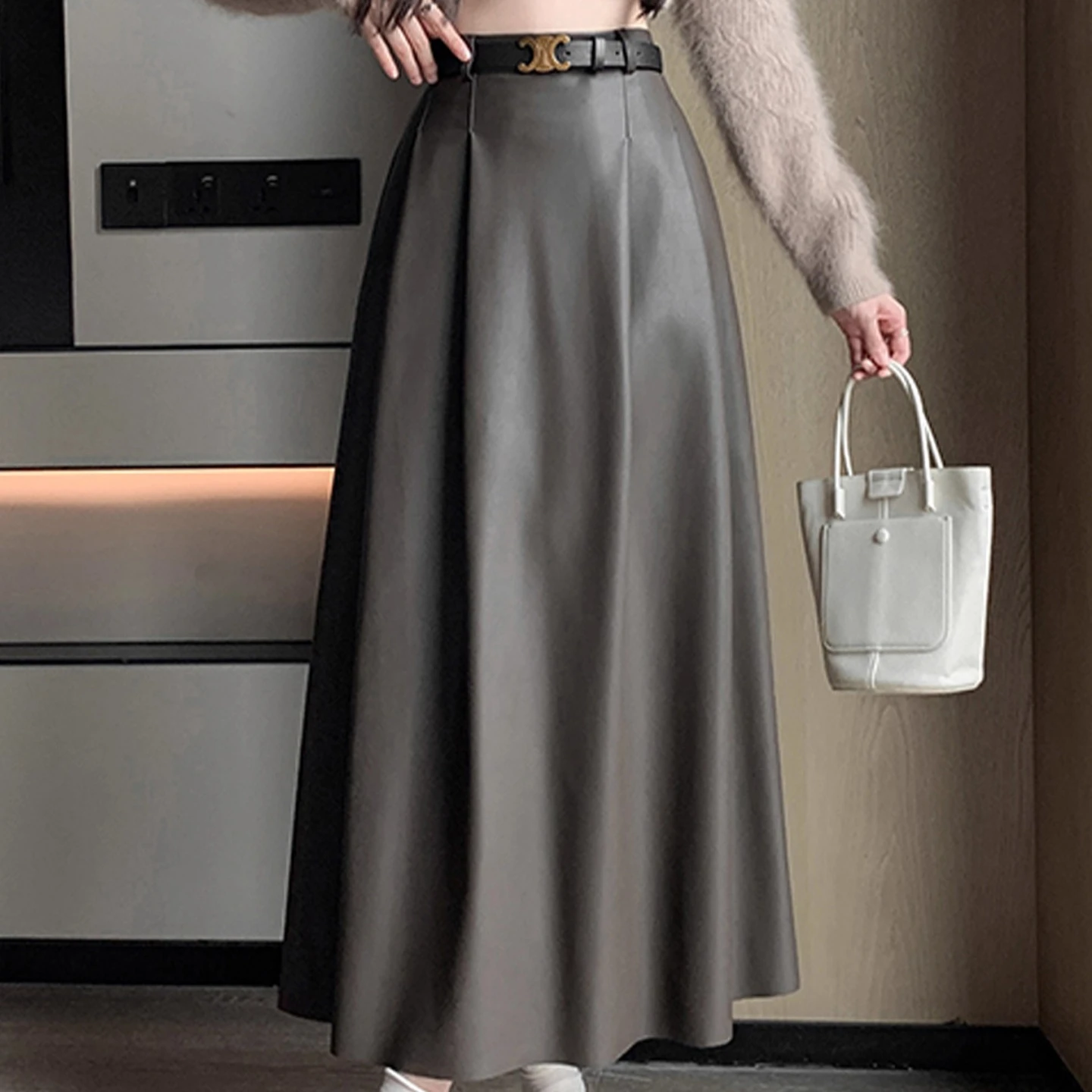 

Women High Waist PU Leather Skirt A Line Pleated Flared Skirt Autumn Winter