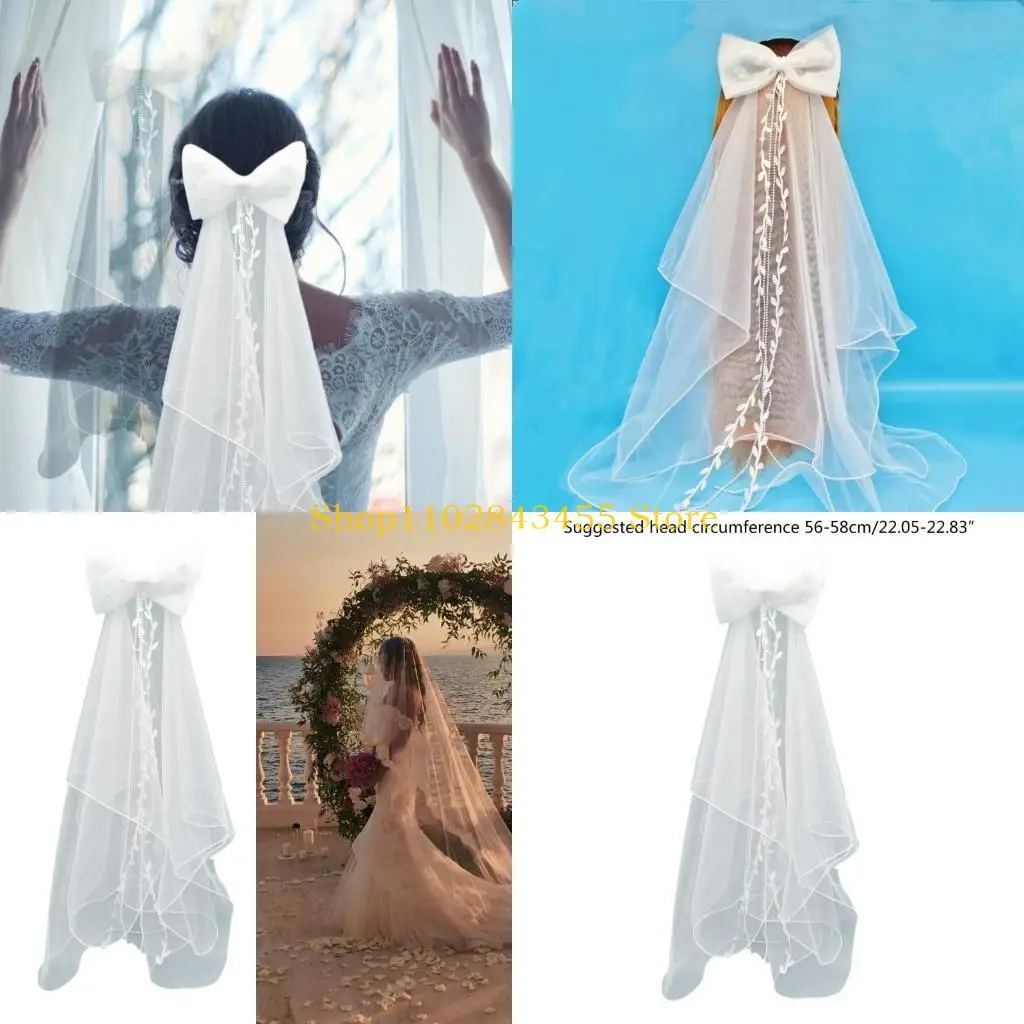 

49MC Bridal Sheer Veil Women Layered Tulle Long Bachelorette Party Wedding Veil with Pearl&Bowknot Decor for Wedding Party