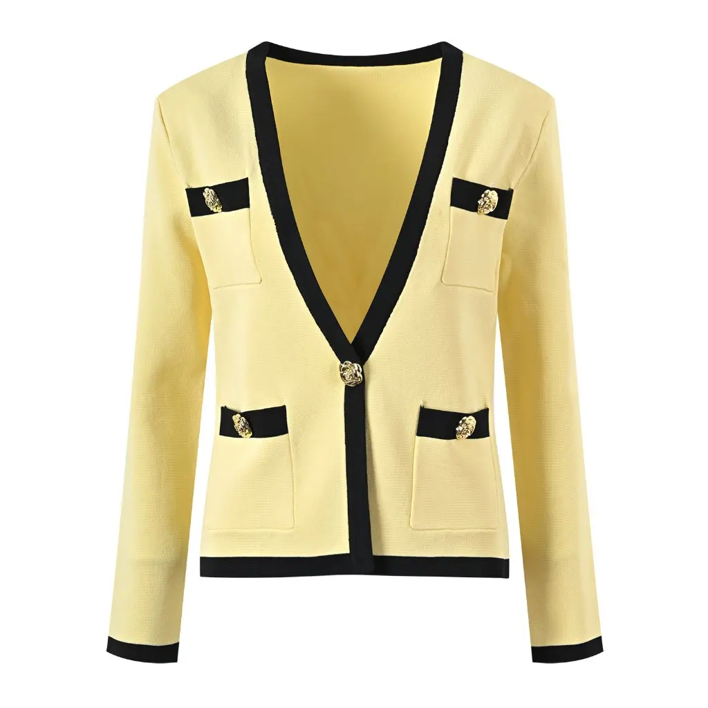 

Socialite Women's Gold Style Metal Buckle V-neck Slim-fit Long-Sleeved Top 4-Pocket Cardigan Elegant Fashion Design