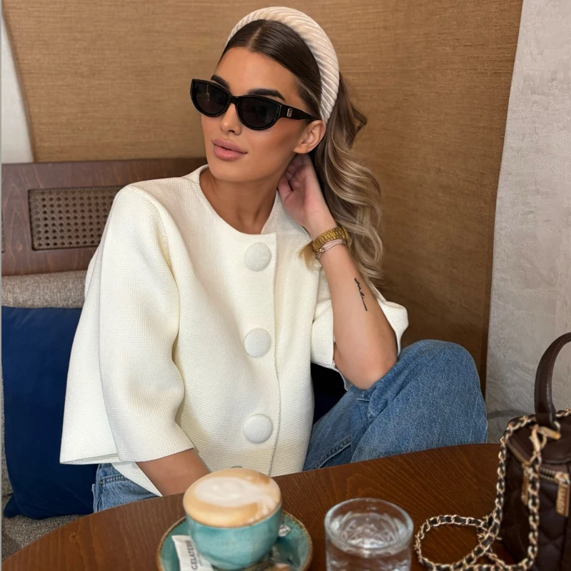 

Женская вязаная укороченная куртка-свитер бежевого цвета с короткими рукавами, новинка весны 2026, элегантный женский топ